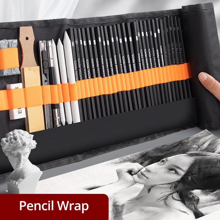 

27/38/48pcs Sketch Pencils Set Sketching Kit Roll Up Canvas Wrap Bag Drawing Art Supplies Charcoals Kneaded Eraser Pencil Case