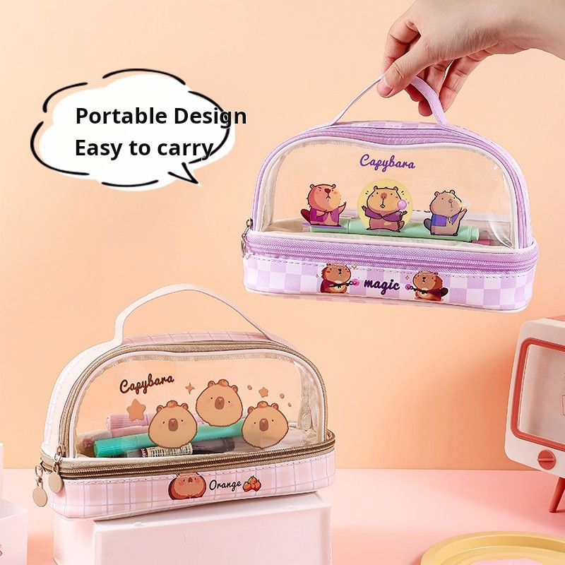

Kapibala Pen Bag Transparent Double-layer Portable Pen Case Large Capacity Stain-proof Pencil Case Stationery For Pupils