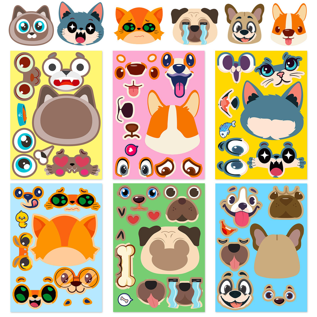 

6 pcs cute cat and dog DIY puzzle stickers, funny face dressing, assembling puzzle stickers, children's puzzle toys