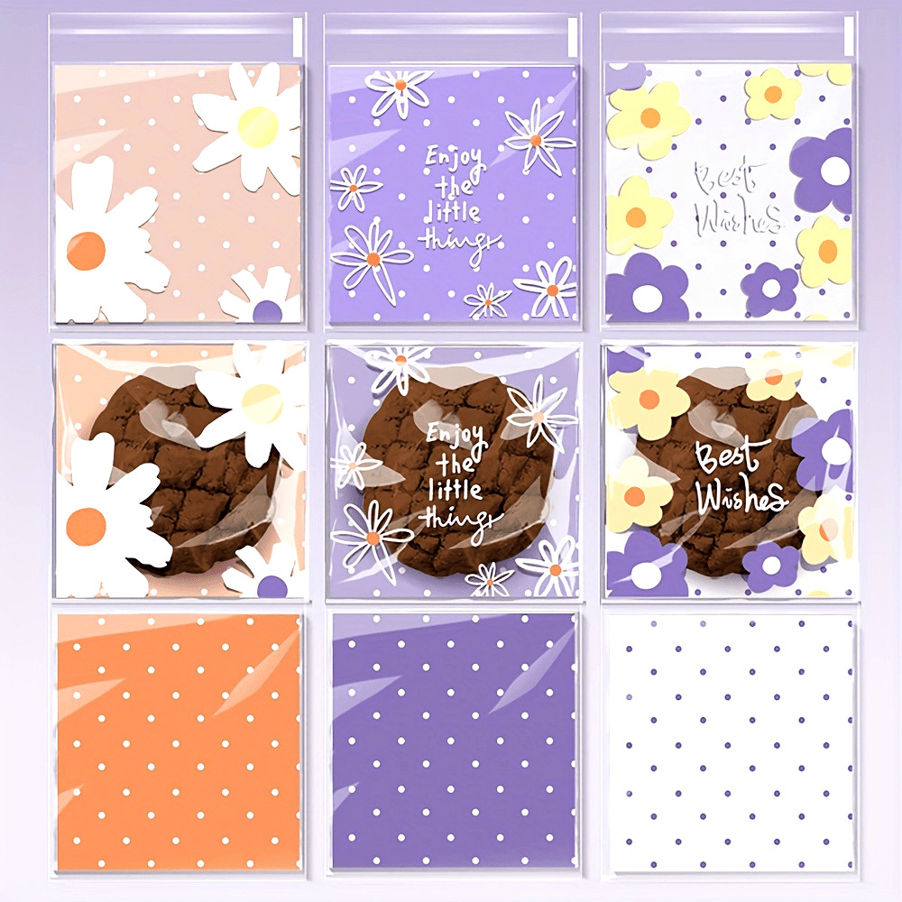

[100 Self-Adhesive Treat Bags Floral] 100-Pack Self-Adhesive Plastic Treat Bags with Floral Patterns