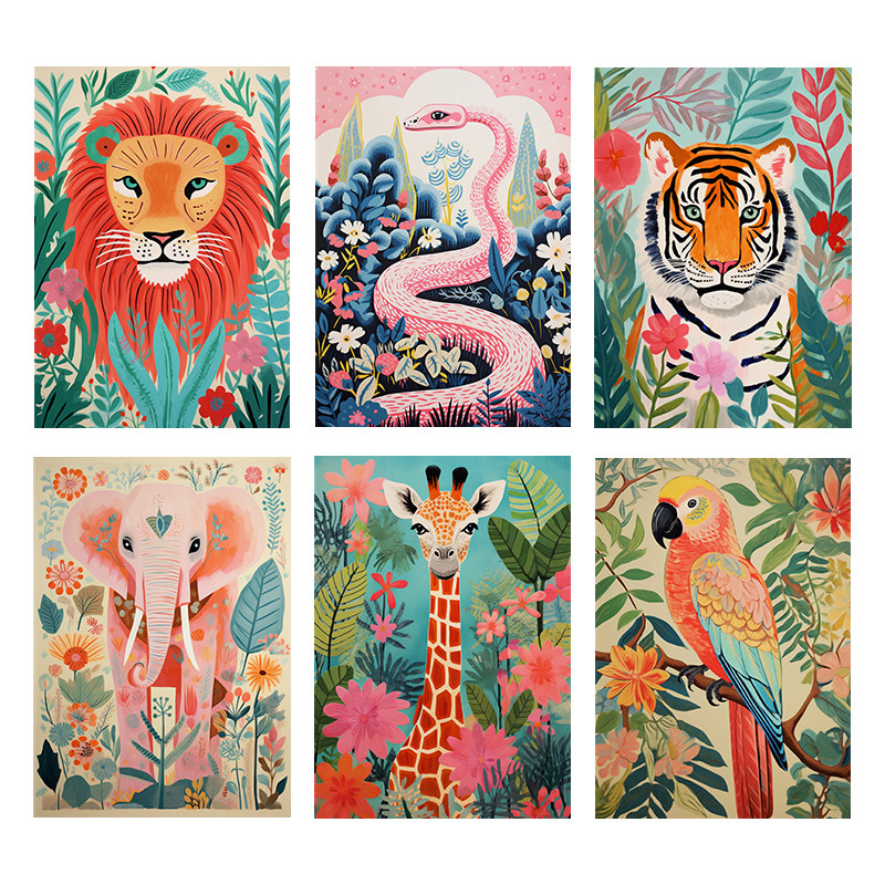 

Abstract Jungle Animals Poster Modern Fun Animal Prints Canvas Painting Botanical Wall Art Pictures Home Room Pastel Decoration