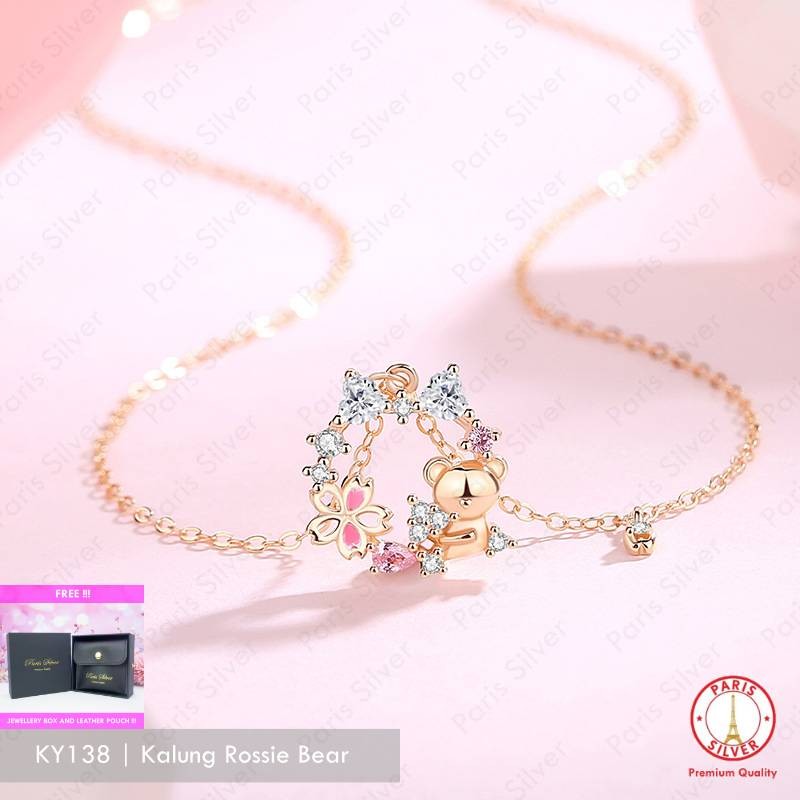 Kalung Liontin Rossie Bear Beruang Perak Asli Silver 925 Lapis Emas Rosegold Pink Wanita Cewek