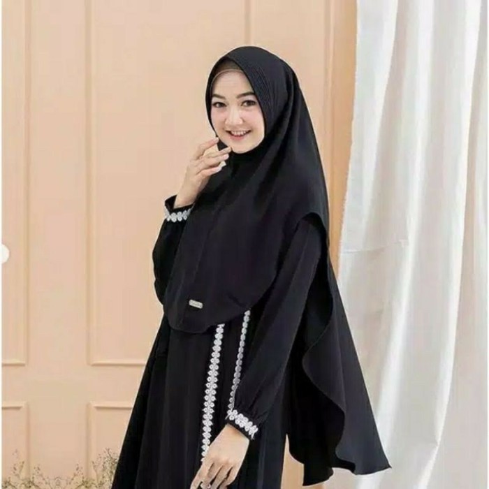 Gamis Wanita  Syar'i Set Khimar Renda Free Hijab Gamis renda - Hitam, L