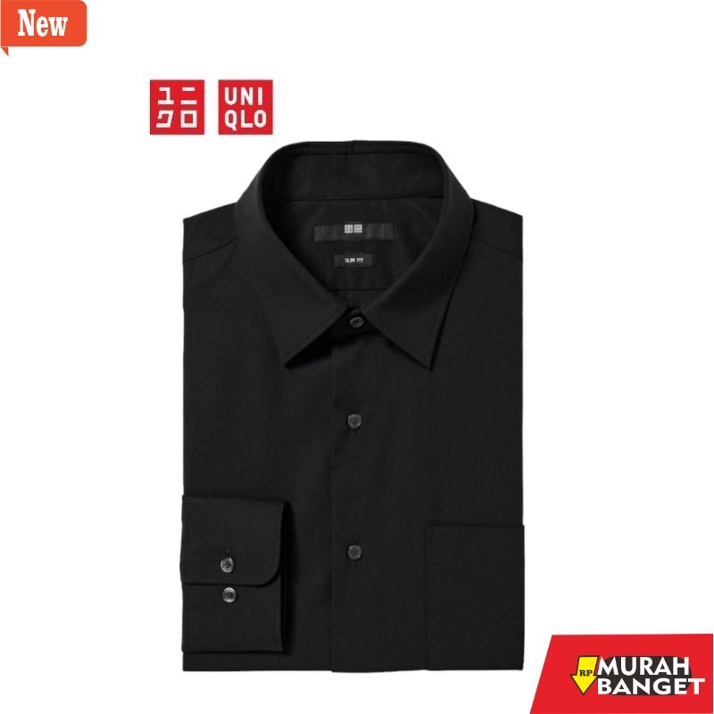 Kemeja formal pria Uniqlo Kemeja Pria Hitam Polos Lengan Panjang Slim Fit
