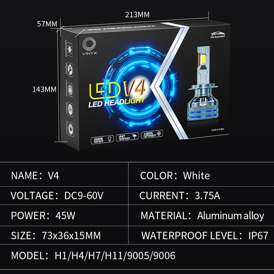 Lampu Utama Mobil LED Vinyx V4 CSP 45 Watt - HB3