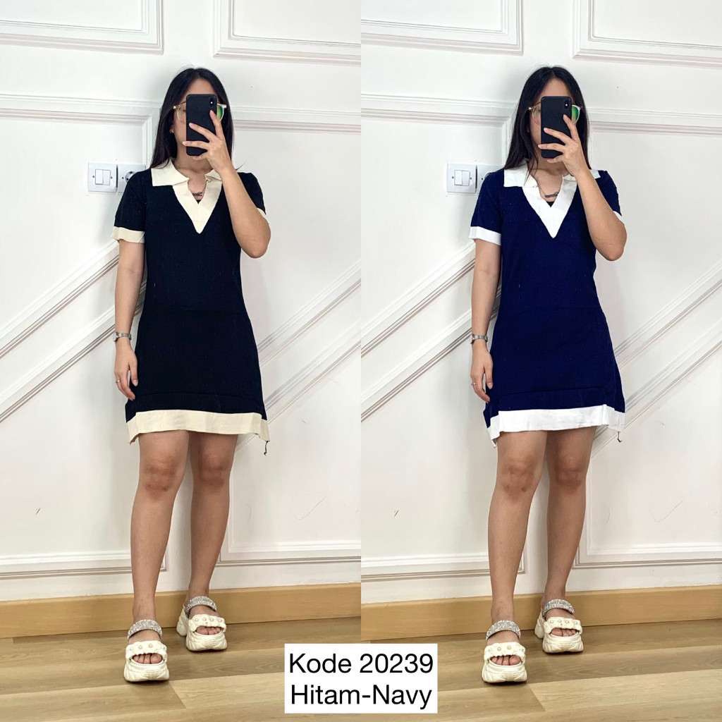 20239 DRESS RAJUT MINI KERAH POLO VNECK LENGAN PENDEK MOTIF POLOS 2TONE PREMIUM DRESS MINI WANITA 2T