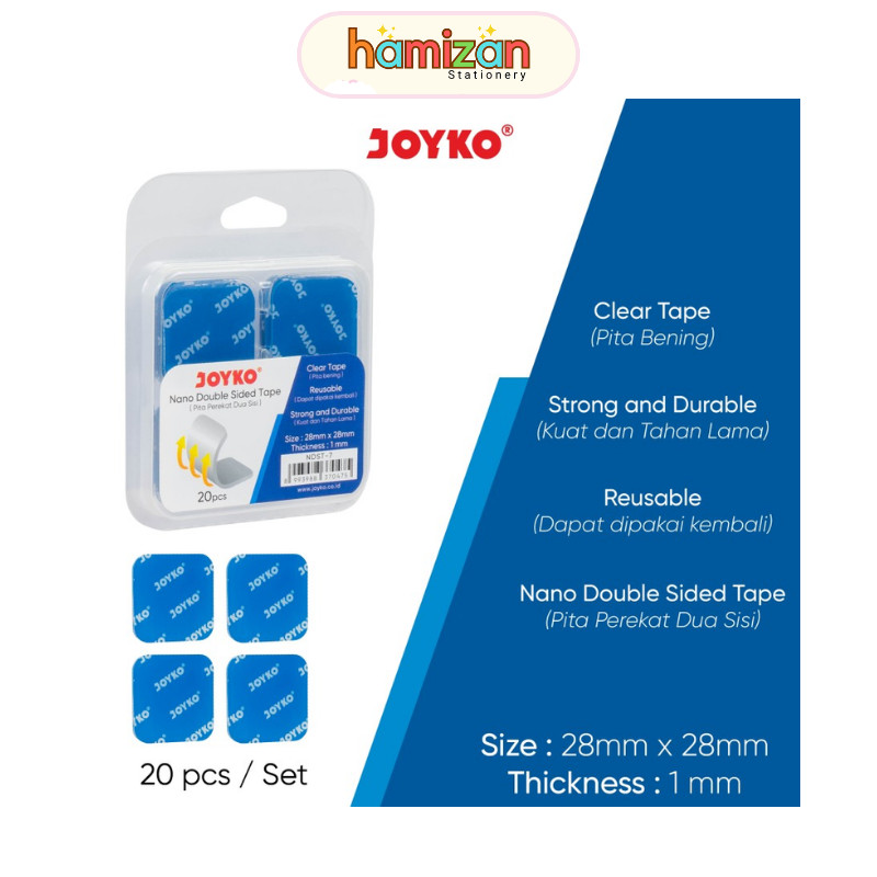 

( 1 pack isi 20 pcs ) NDST-7 Joyko Nano Tape Transparan 28 x 28 x 1 mm / Double Side Tape Transparant / Selotip Isolasi Dua Sisi Double tape Bening ( Tebal 1 mm ) / Nano Double Sided Tape Pita Perekat Dua Sisi Joyko NDST-7 Murah Berkualitas