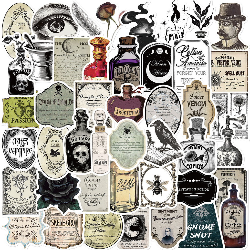 

50PCS Cartoon Gothic Pharmacist Potion Label Graffiti Creative Sticker Skateboard Guitar Computer Refrigerator Desk Sticker