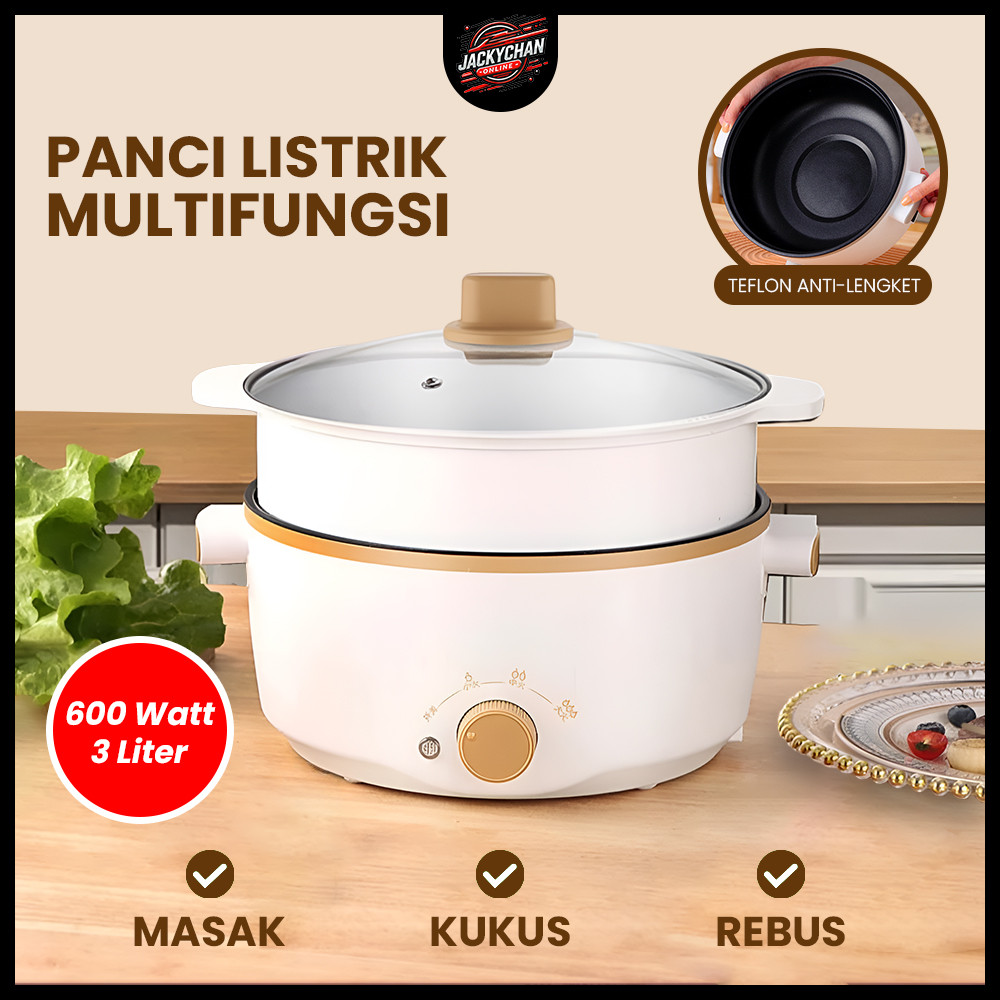 JC  Panci Listrik Jumbo 3L Besar + Dengan Kukusan Low Watt Steamer putih