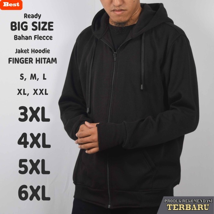 hoodie pria keren Jaket Hoodie Pria Finger Hitam Polos Jumbo Big Size - Hitam, S