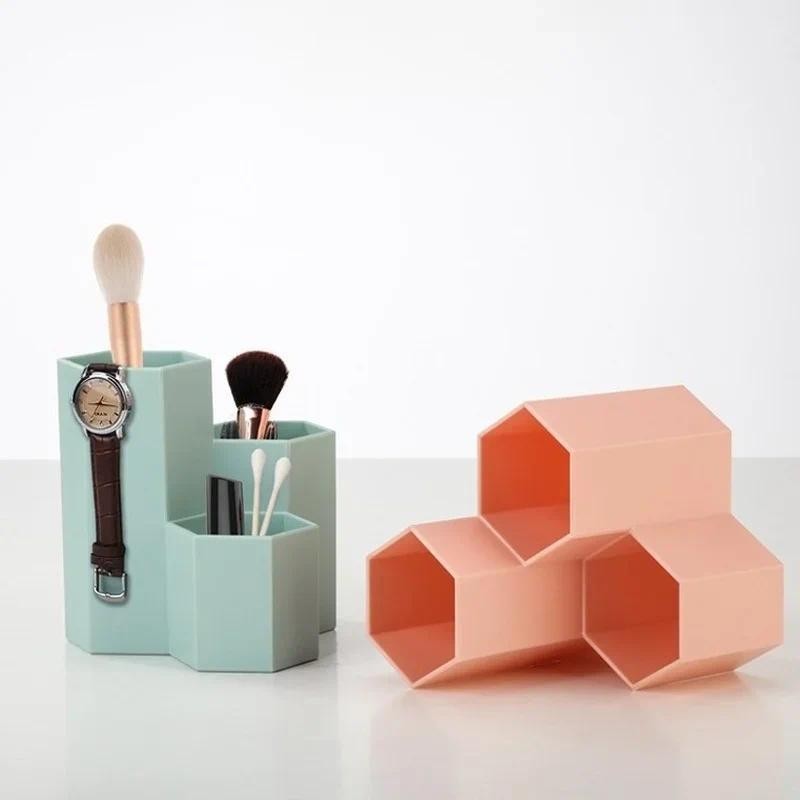 

3 Colors Pen Storage Cosmetic Makeup Storage Box Desk Drawer Organizer Home Office Hexagonal Pen Pencil Holder