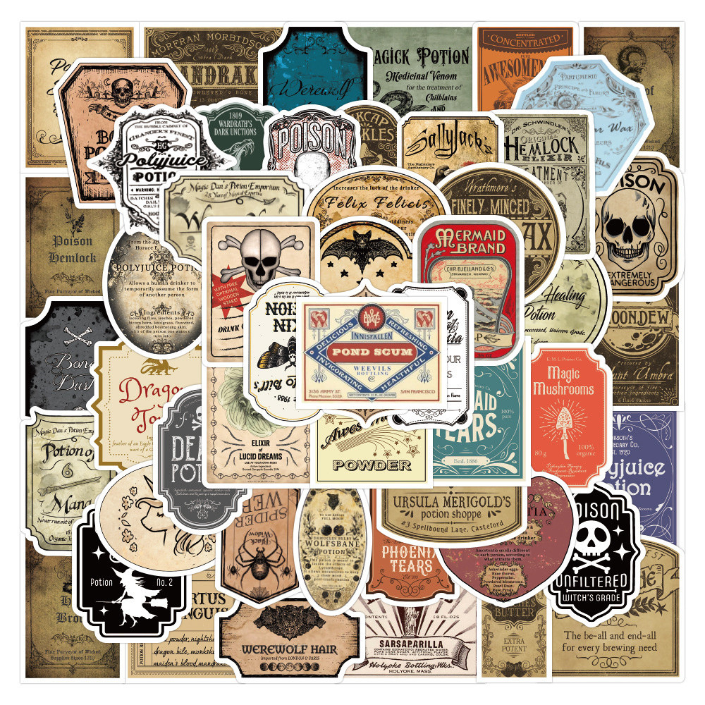 

50pcs Vintage Potion Label Doodle Stickers For Notebooks Stationery Scrapbook 90s Sticker Scrapbooking Material Craft Supplies