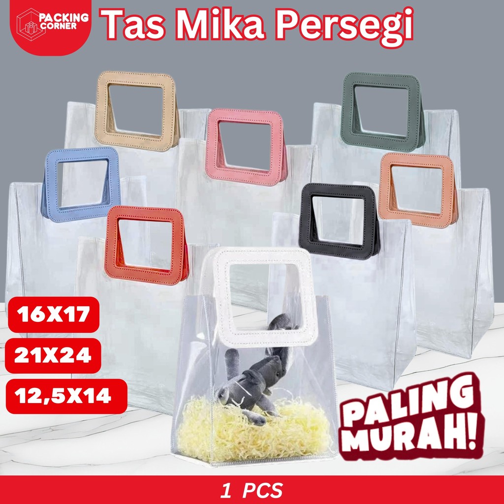 

Tas Mika PVC Transparan Handle Persegi Kulit Leather Goodie Bag Kantong Souvenir Hampers Aksesoris Ulang Tahun Lebaran Aneka Warna Pegangan Premium
