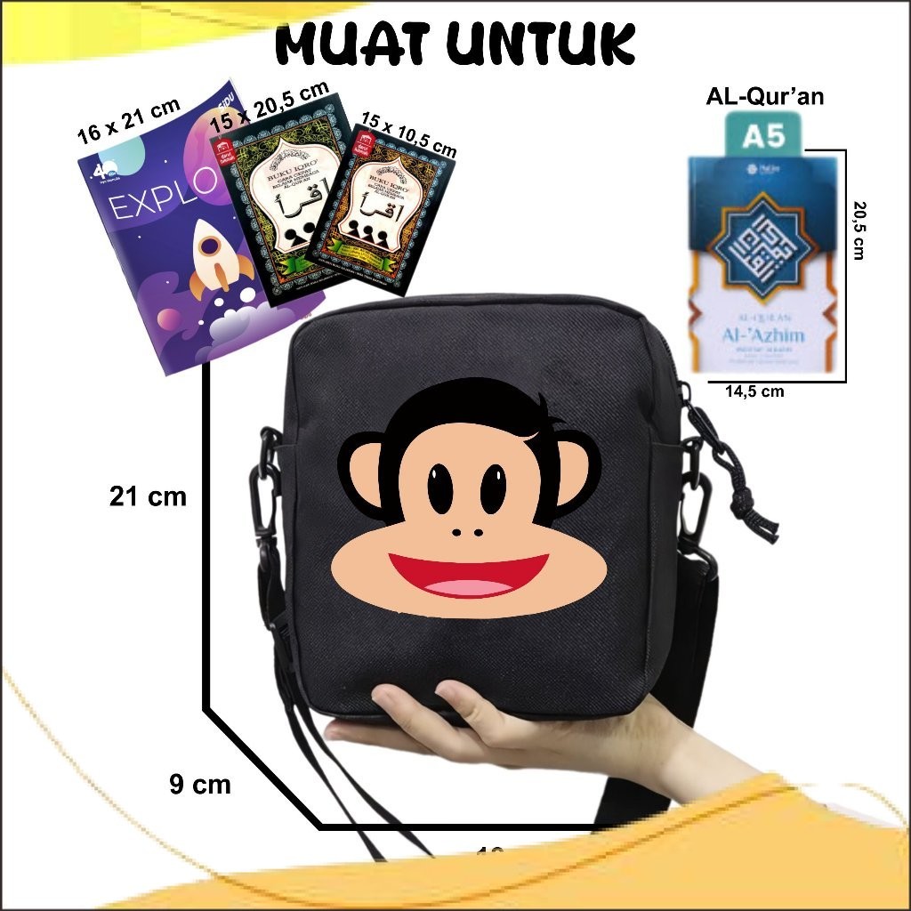 SLOGI Tas Anak Selempang Paul Frank Monkey Cocok Untuk Sekolah dan Mengaji Unisex Fashion Kids 23 A5