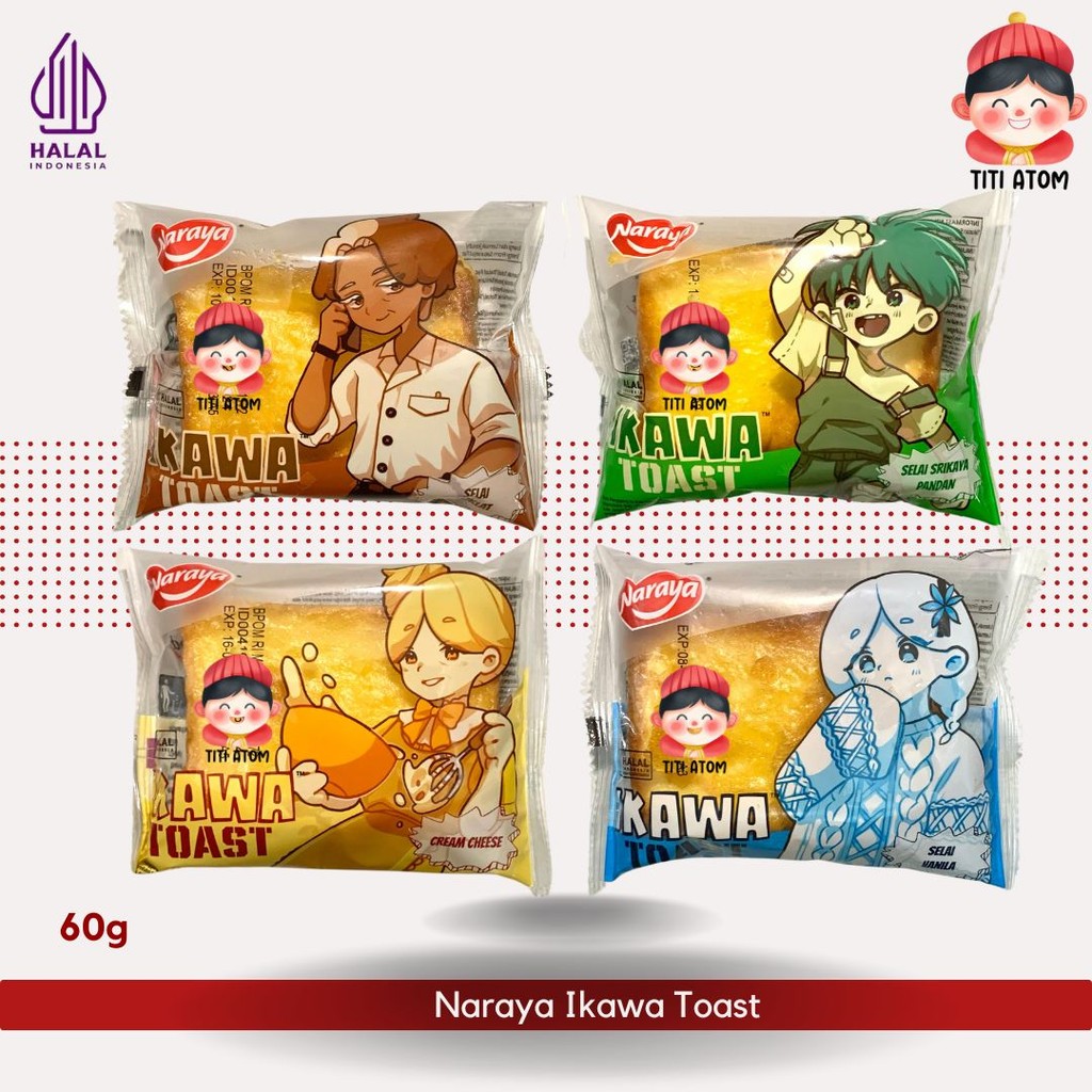 

Naraya Ikawa Toast Roti Murah Isi Selai Kaya Pandan Coklat Keju Vanilla 60g ECERAN