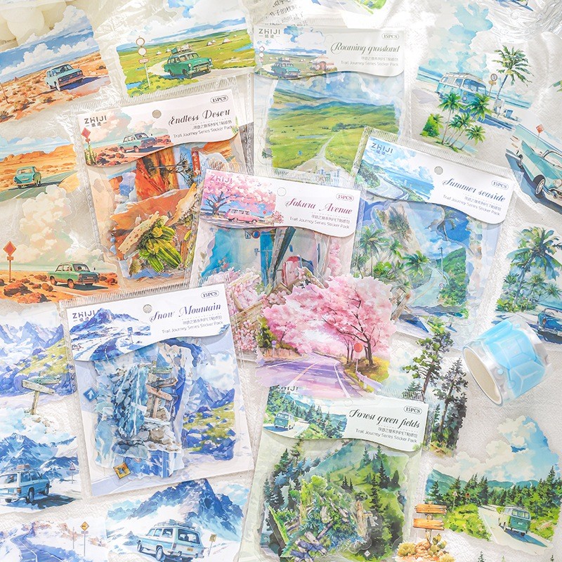 

[Gongjin] 15pcs Trail Journey Series TJS Sticker Stiker Holiday Liburan Sakura Winter Road Trip