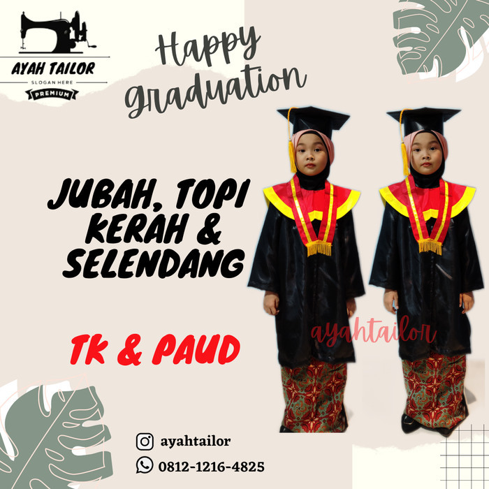 BAJU WISUDA JUBAH WISUDA BAJU TOGA TK PAUD MERAH LIST KUNING - Hitam, XL