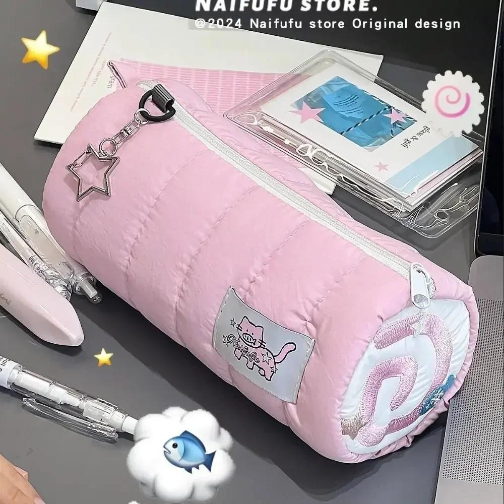

New Fish Plate Surface Cat Pink Pencil Bag Japanese High Value Student Stationery Bag Cute Large Capacity Pencil Case