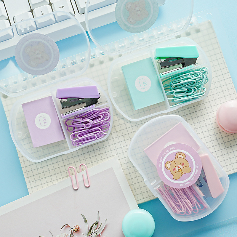 

Portable mini stapler small stapler office supplies macaron color paper clip set