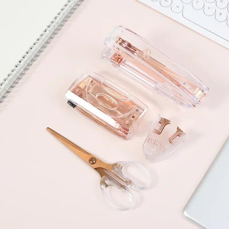 

Nordic Style Simple Advanced Transparent Office Supplies Rose Gold Stapler Staple Remover Hole Punch Scissors School Stationery