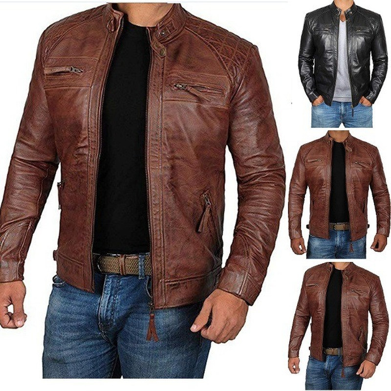 2023 Men Leather Jacket Teenagers Stand Collar Punk Men Motorcycle Leather Jacket Brown Leather Jack