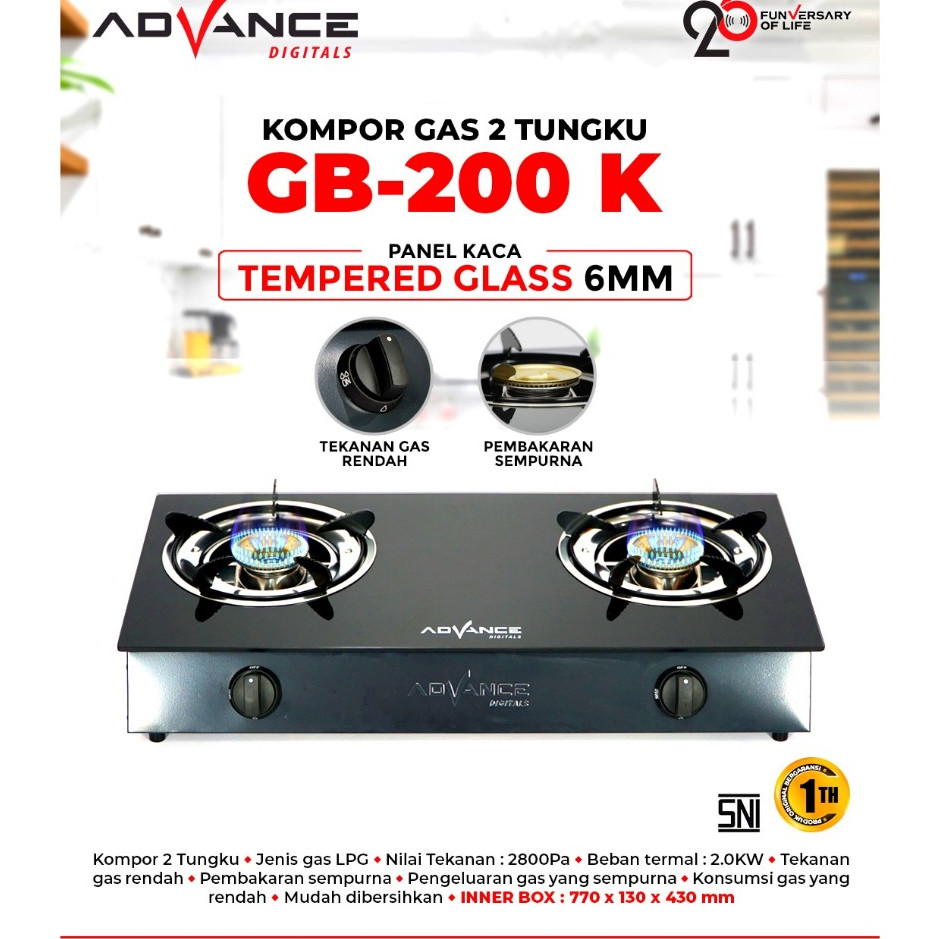 Kompor LPG / Gas Kaca 2 tungku Advance GB 201K, dengan Tempered Glass Kompor Kaca Advance / Advance