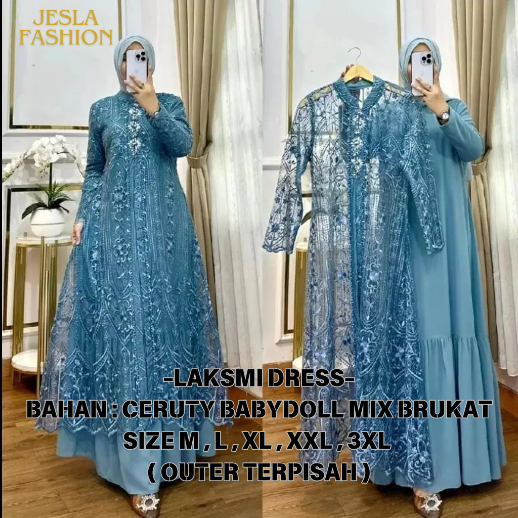 GROHO_SHOP.ID Gamis Mewah Lebaran Terbaru Laksmi Dress BO Bahan Ceruty Babydoll Mix Brukat Aplikasi 