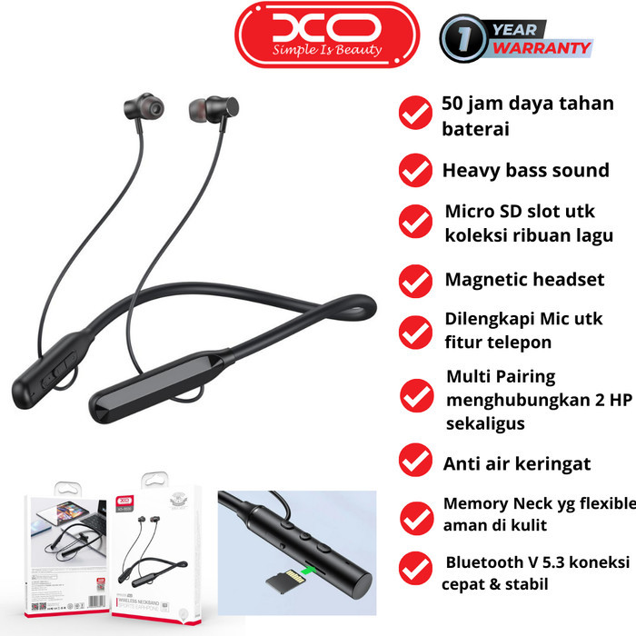 Terlaris XO Sport Neckband Magnetic Bluetooth Earphone Headset w/Micro SD BS30Promo