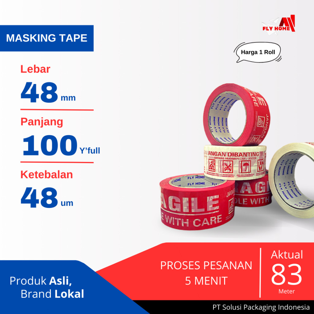

Flyhome Lakban Fragile Merah Putih 100yard 2inci 48x100 Yard Printing Segel