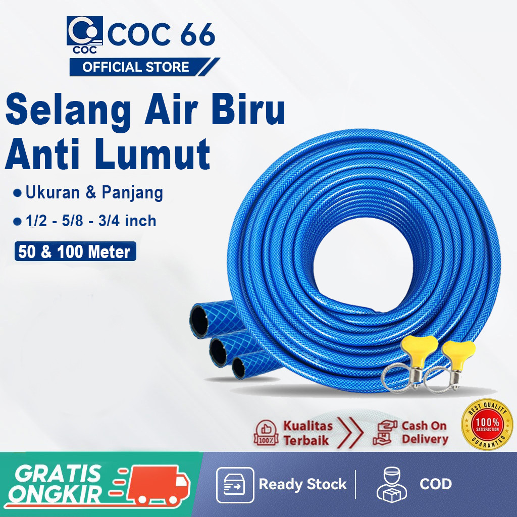 Selang Air Biru Anti Lumut Selang 1/2 5/8 3/4 Inch 50 & 100 Meter Free Semprotan Air - Selang Air ta