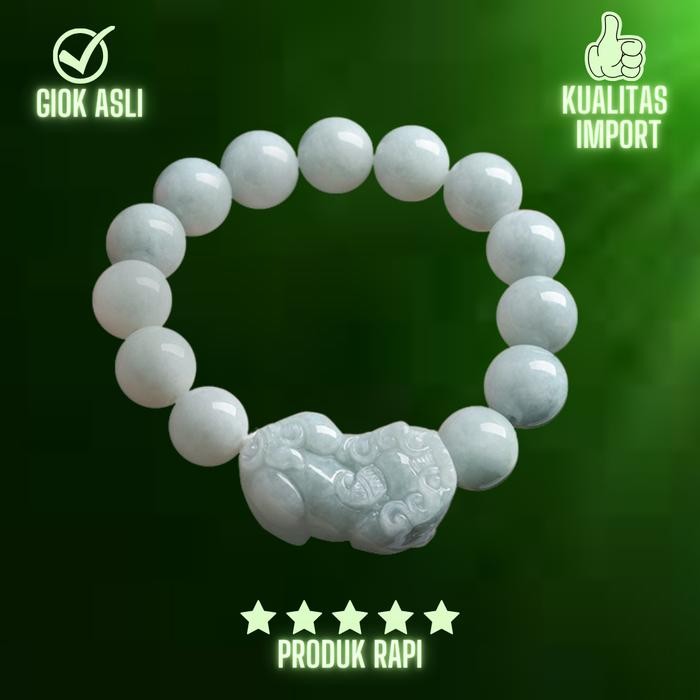 Gelang Batu Giok Hijau Burma Pixiu Piyao Asli China Original - Gelang Giok Hijau Besar Pria Wanita