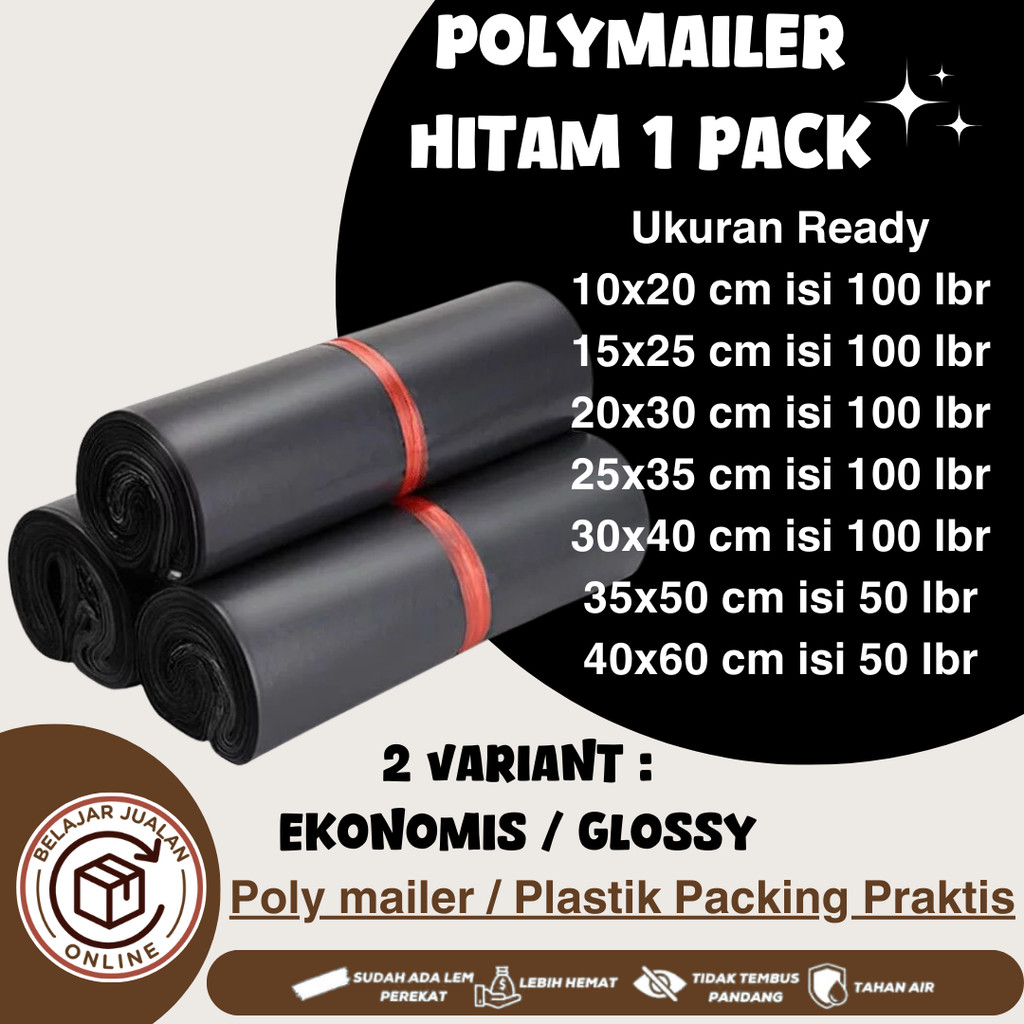 

POLYMAILER HITAM OLSHOP 1 pack (isi 100/50 pcs,) / Plastik Packing lem / EKONOMIS/GLOSSY MURAH, aman murah, waterproof, seller