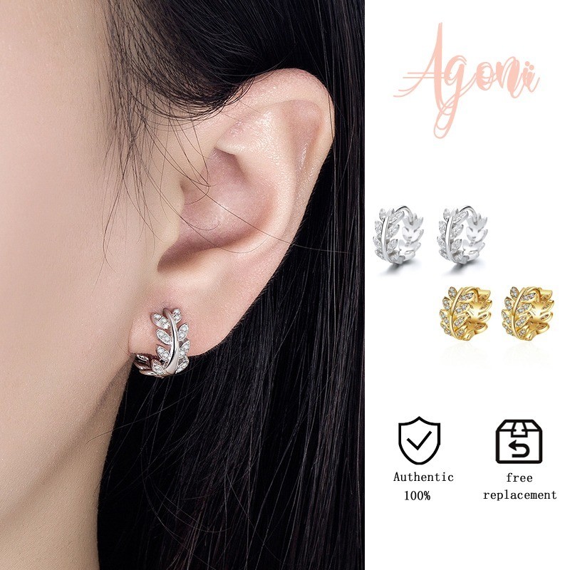 Anting-anting Elegan Dua Warna Berhias Berlian Daun dan Telinga Gandum Gaya Segar Perhiasan Telinga