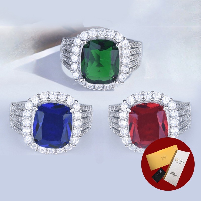 (Free Gra Certificate) Cincin Perak 925 Perempuan Berlian Tiga Baris Moissanite Merah Hijau Biru Tri