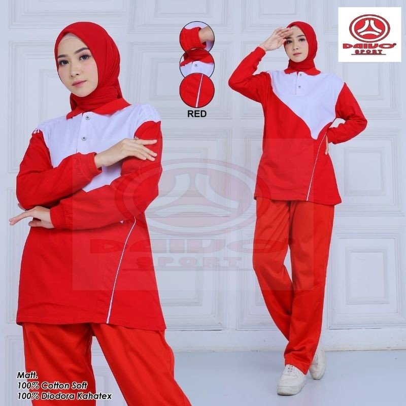 Setelan Baju Senam Merah Putih / Setelan Baju Olahraga Pria dan Wanita Daivo Terlaris