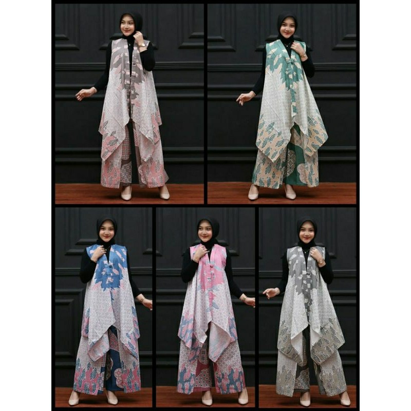 Sabeen_officeware ONE SET CARDIGAN VEST OUTER CELANA LAYER BATIK MOTIF MEGA MENDUNG CELANA PANJANG W