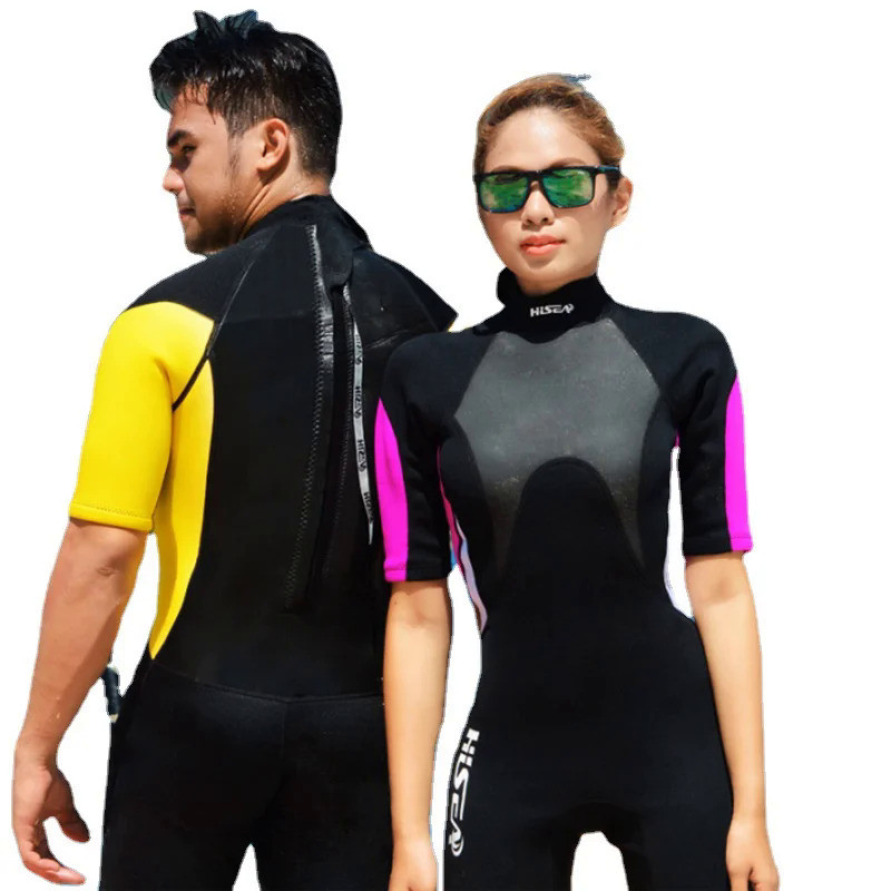 HISEA baju renang pria wanita Jumpsuit Neoprene 3mm lengan pendek pria wanita pakaian selam seluruh 