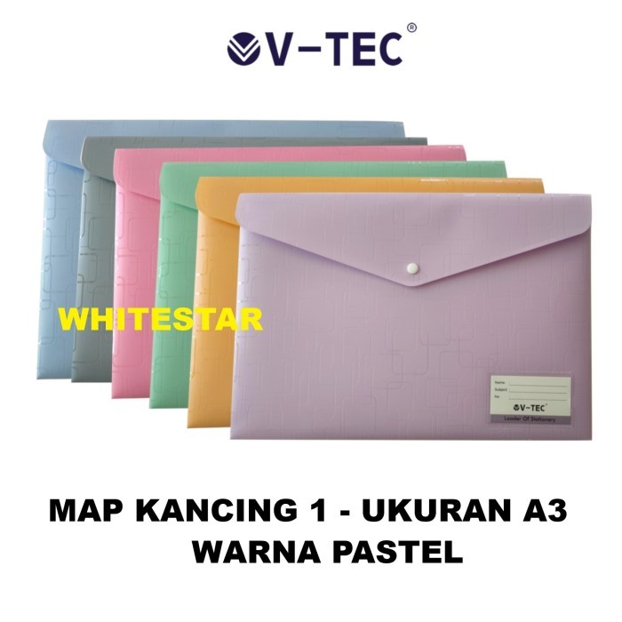 

map plastik kancing 1 ukuran A3 v-tec + name tag - warna pastel