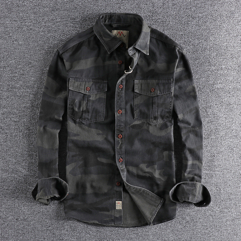 Washed Cotton Camouflage Cargo Shirts Men Durable Outdoor Hiking Long Sleeve Shirts Male Sport Casua