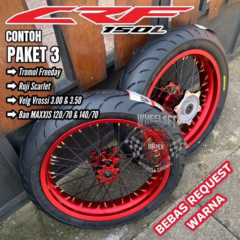 TERBAIK SEPAKET WHEELSET RODA VELG SUPERMOTO CRF 150L , KLX 150, WR 155 LANGSUNG PASANG VROSSI MAXIS