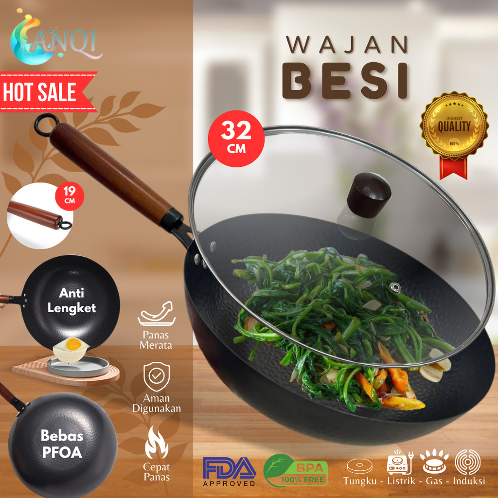 ANQI SHOP Wajan Teflon Besi Anti Lengket Double Bottom 32cm Cook & Clean Wok Pan VS-1872