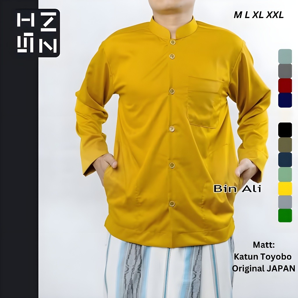 HNSN Koko Haibah Exclusive Toyobo Saku Samping, Lengan Panjang, Baju Muslim Koko Pria - Mustard