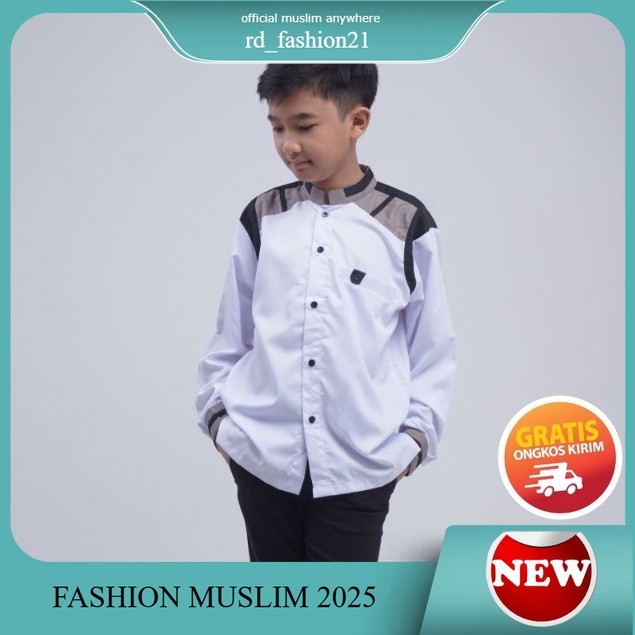 Baju Koko Anak muslim Pria Lengan Panjang Umur 7-15 Tahun Original Elrumi Motif Tanduk-Rusa