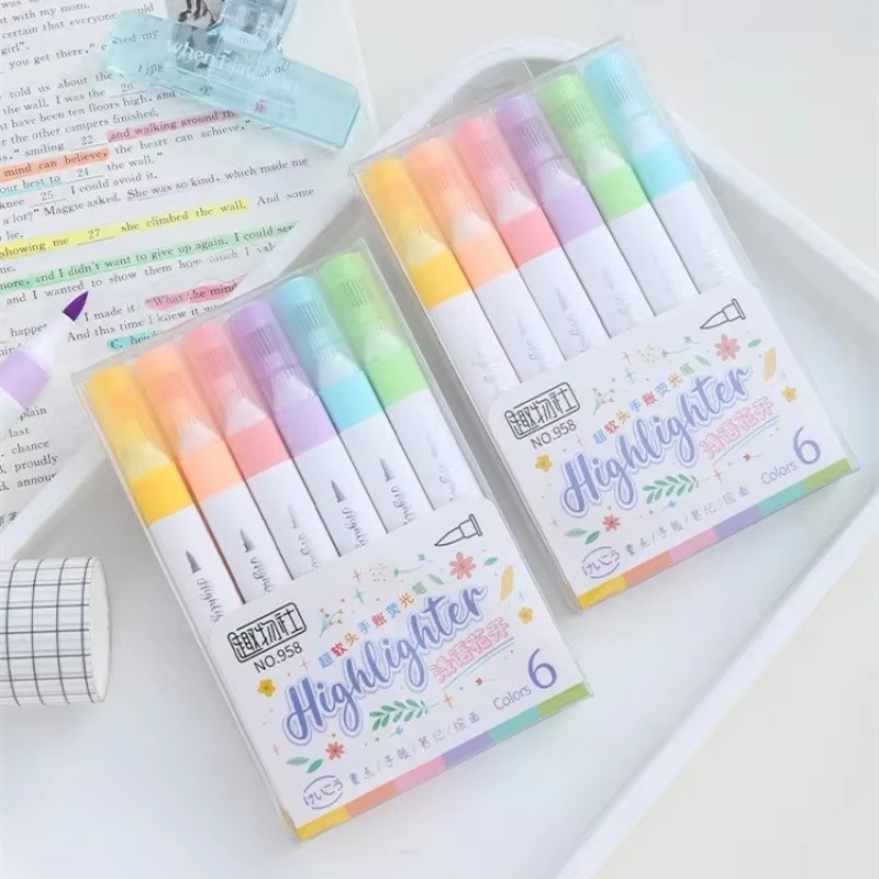 

6 Colors Kawaii Pastel Color Highlighter Pen Set Brush Fluorescent Markers Art Cute Stationery Supplies