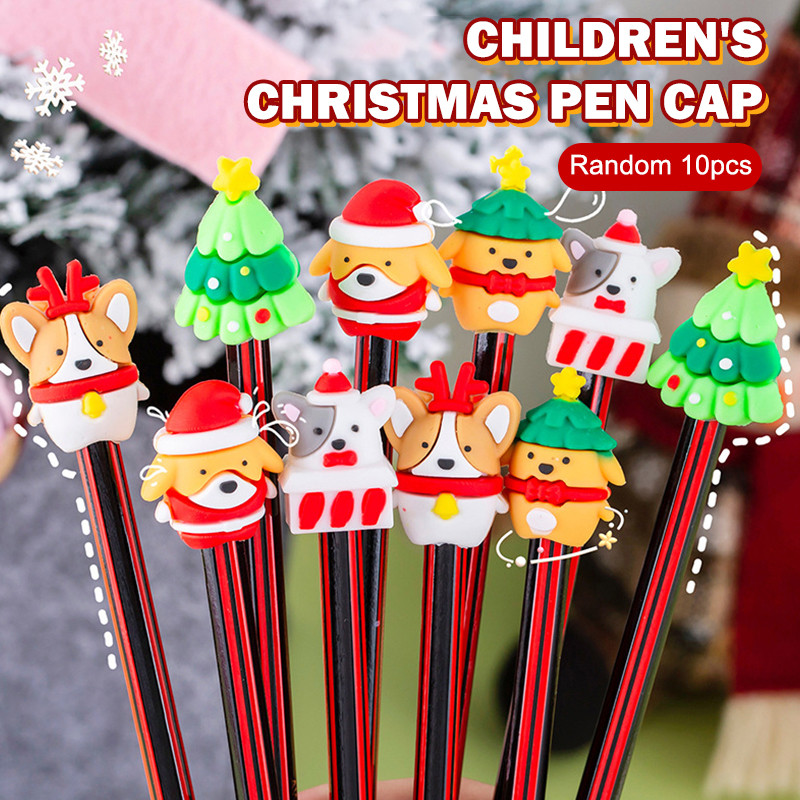 

10Pcs Mini Cute Cartoon Christmas Silicone Pen Topper Covers Kawaii Pencil Cap Creative Pencil Extender School Supplies Gifts