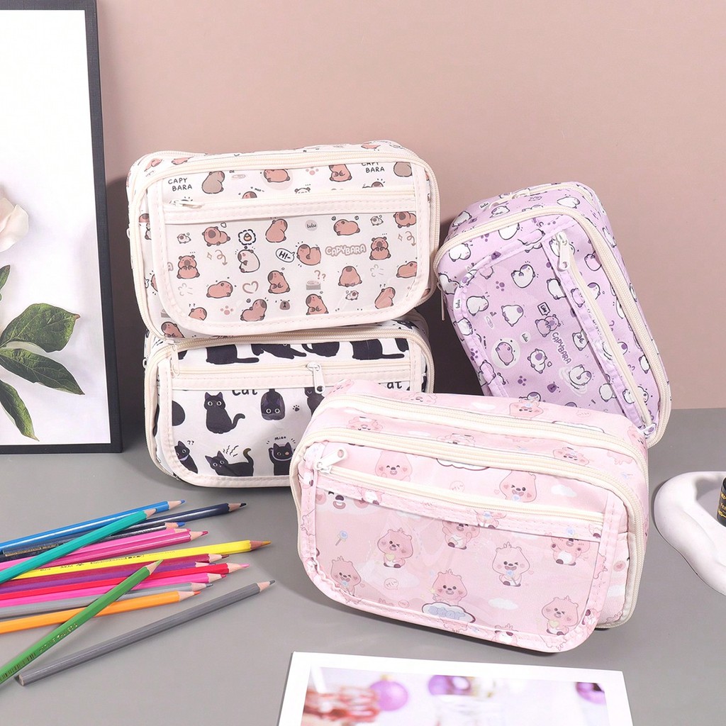 

1 creative animal pattern pencil case, large capacity flip top multi-layer stationery storage box, fashion stationery