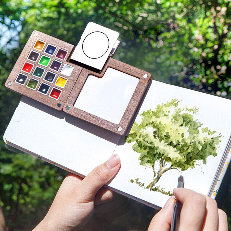 

Portable Travel Watercolor Set Watercolor 8/15 Colors Schmincke Pigments Mini Walnut Paint Box Sketchbook Student Art Supplies
