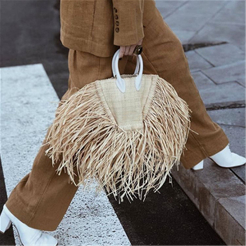 brand tassel Woven raffia straw Beach Bag Woven Shoulder Bag Raffia Circle Rattan Bags Bohemian Summ