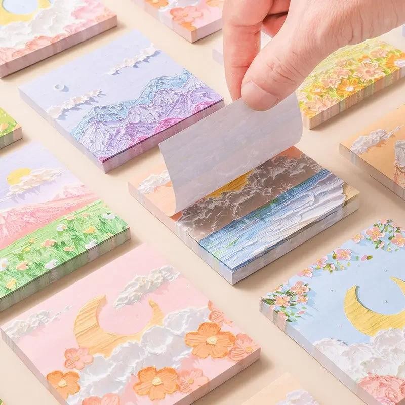 

Oil Painting Memo Pad Kawaii Sticky Notes Message Paper N Time Stickers Planner Jornal Decoration Stationery Office Supplies