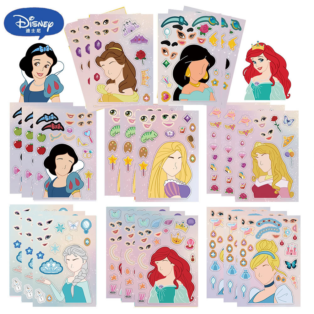 

8 Sheets Disney Princess Puzzle Stickers Make a Face Laptop Assemble Jigsaw DIY Cartoon Kawaii Book Sticker Kids Anime Toy
